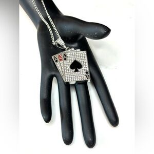 3 Of A Kind Aces Sparkly Crystal Playing Card Necklace Poker Casino Games